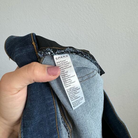 Spanx High-Rise Distressed Ankle Skinny Pull-On Denim Jeans Medium Wash Blue L - Picture 15 of 16